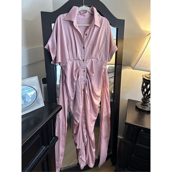 NEW Ruched Button Up Shirt Long Dress Satin M - Picture 5 of 5